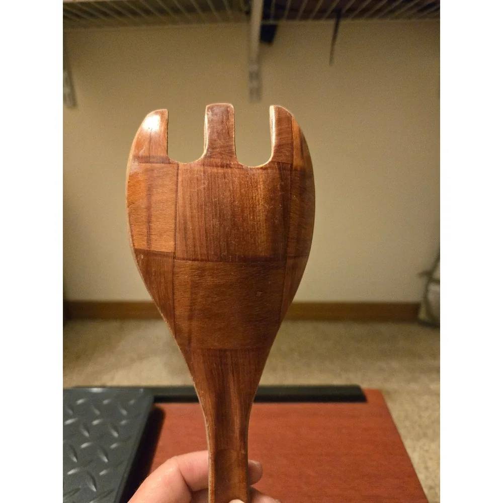 Vintage Woven Wood Salad Fork Serving Utensil Parquet Pattern Brown Handcrafted